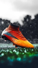 Orange soccer cleat cuts through wet turf in dynamic motion
