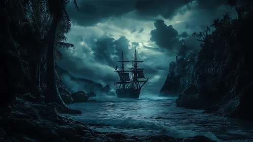 Pirate Ship in Tropical Cove at Storm.