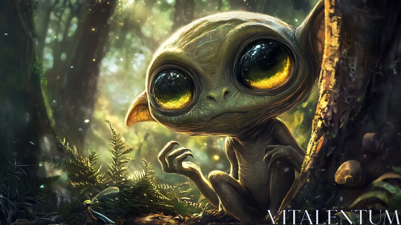 Forest alien creature gazes curiously through glowing eyes.
