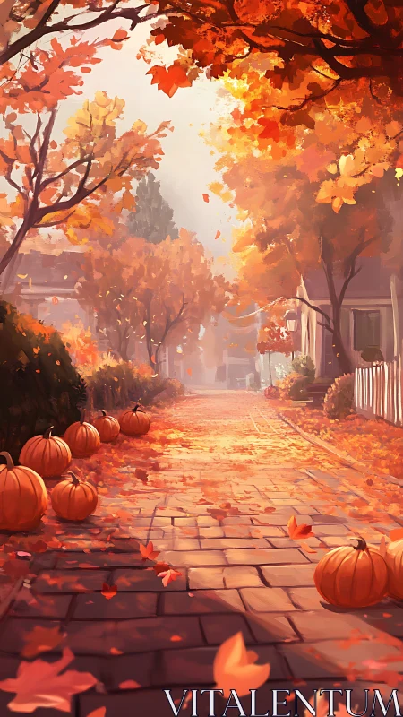 Autumn neighborhood lane with pumpkins and warm backlighting