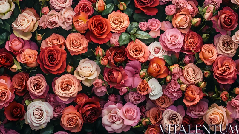 Lush Garden of Multicolored Roses and Blooms.