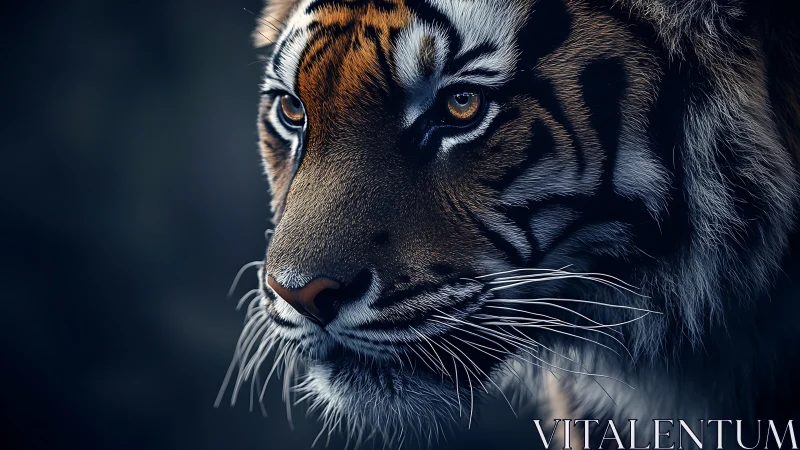 Close tiger portrait in low light with sharp whiskers.