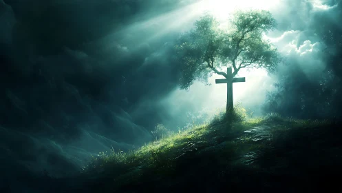 Tree and wooden cross stand on illuminated hillside under clouds