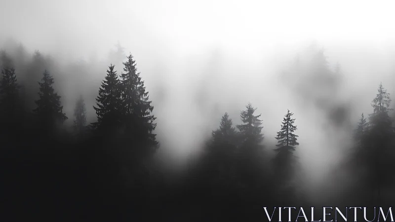Coniferous forest obscured by dense atmospheric moisture and fog.