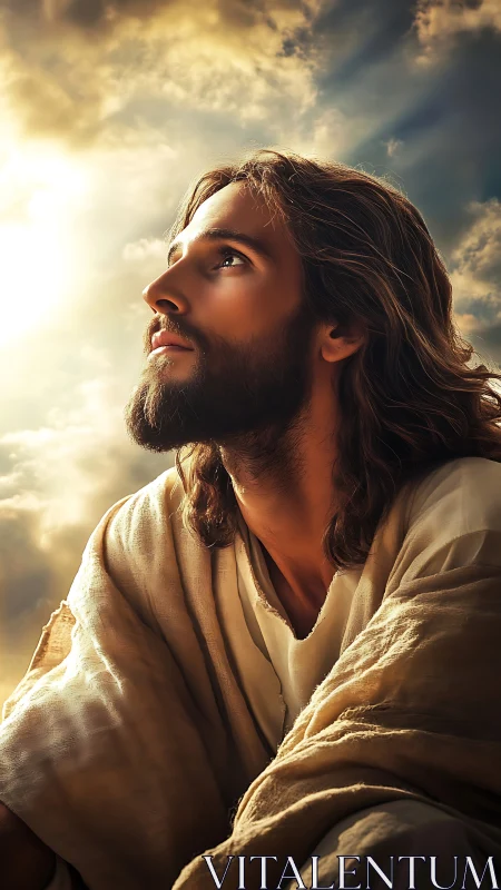 Photorealistic devotional portrait under radiant celestial light.