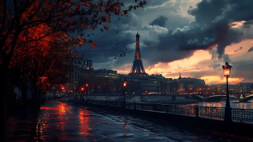 Rainy Paris dusk with glowing streets and quiet river walks.