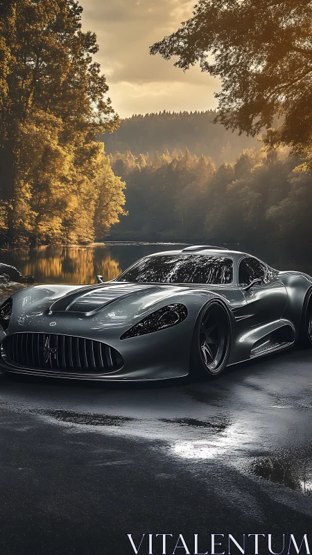 Low-slung silver hypercar on wet forest road at golden hour
