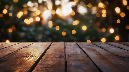 Timber tabletop under defocused bokeh luminance field at dusk.