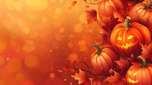 Glowing jack-o&rsquo;-lanterns gleam against a warm autumn haze