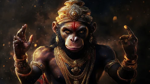 Regal warrior monkey stands crowned in glowing golden armor