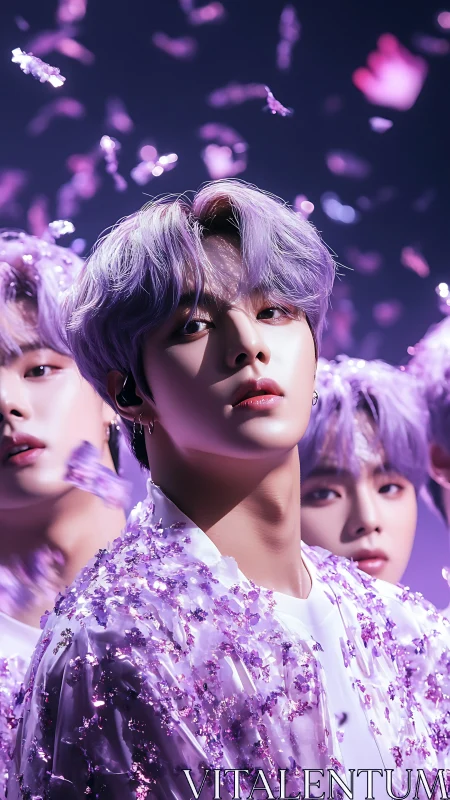 Iridescent violet portrait cluster under drifting petals.