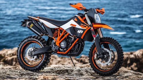 Orange KTM off-road motorcycle stands on rocky coastal cliff
