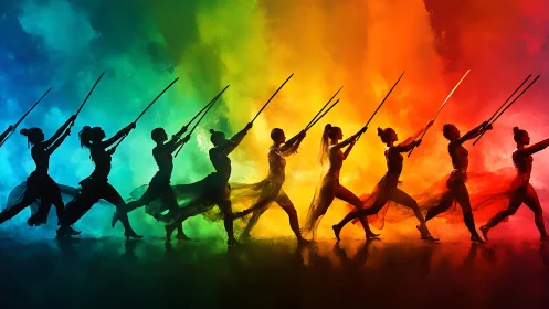 Silhouetted sword dancers against radiant color spectrum backdrop.