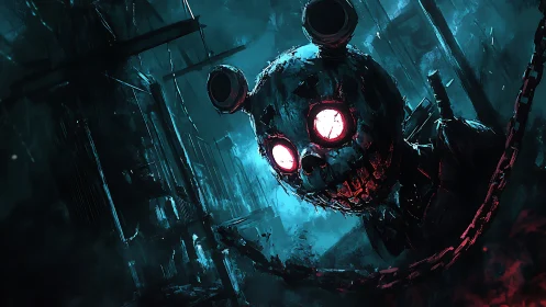 Cybernetic skull mascot in neon teal industrial ruin.