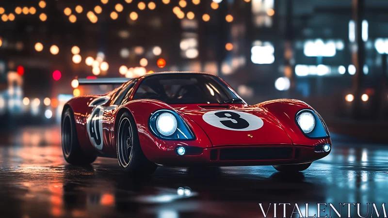 Classic red race car glowing under dreamy city lights.