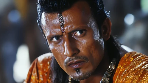 Intense close-up portrait with jeweled forehead ornament and gold attire.