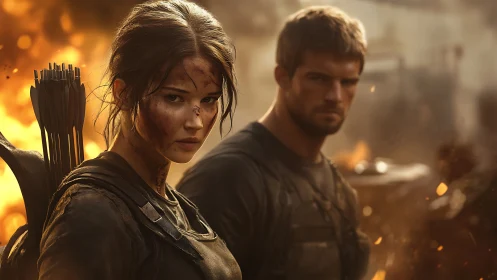 Battle-scorched archer duo stalks through emberlit ruins.