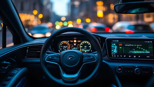 City lights reflected in a modern car’s glowing cockpit.