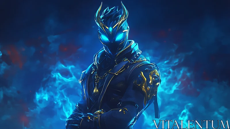 Mystical blue flame warrior glowing with bold quiet power.