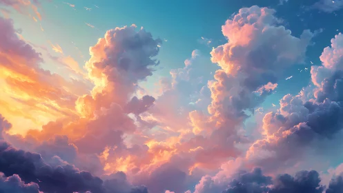 Digital painting of radiant sunset cumulonimbus skyscape.