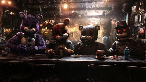 Creepy animatronic friends share a late night diner moment