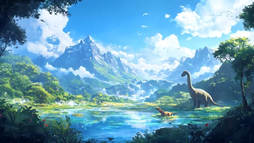 Luminous Jurassic valley unites dinosaurs, alpine peaks, and lake