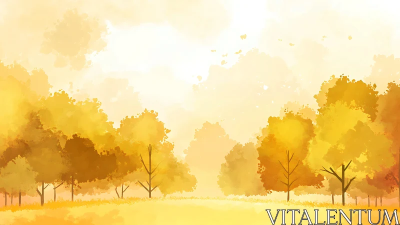 Autumn tree line in warm yellow tones under bright sky.