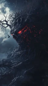 Colossal tree demon looms over stormy sky with burning eyes