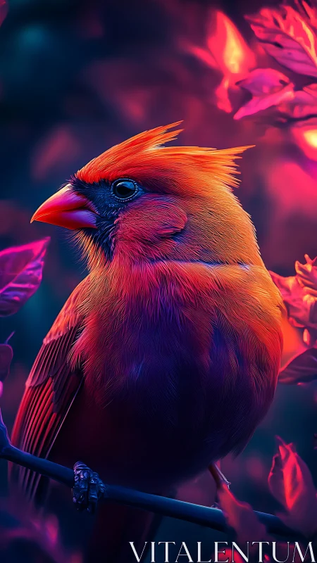 Neon cardinal in twilight bloom, humming with secret fire.