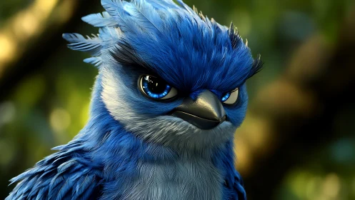 Realistic blue jay with intense expression, digital art style.