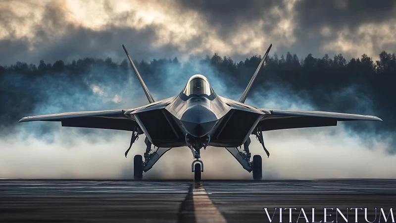Modern stealth fighter jet is positioned on a misty runway