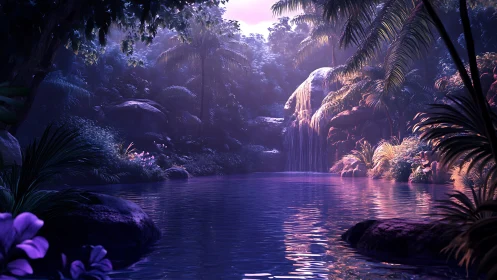 Luminous jungle waterfall over tranquil violet lagoon.
