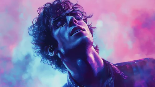 Neon backlit portrait renders a musician in euphoric profile