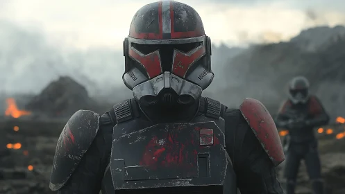 Battle-scarred trooper strides across ember-choked wasteland.