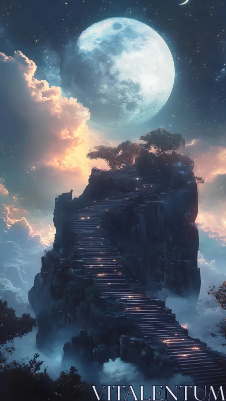 Moonlit stairway ascends a misty peak toward a glowing sky