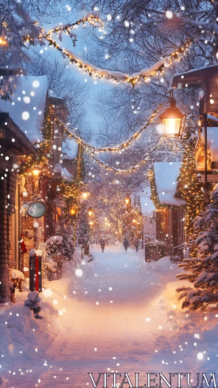 Snowy Christmas street glows under warm festive lights.
