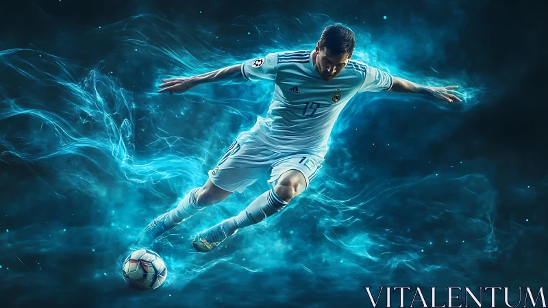 Digital rendering shows football player striking ball mid-air