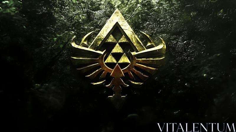 Gold winged crest with central triangle emblem on stone.