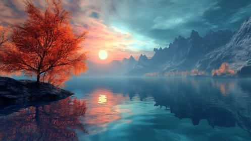 Crimson shoreline whispers to turquoise mountains at dusk