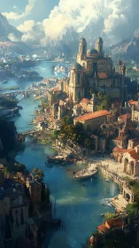 Sunlit river city crowns its cliffs with a grand cathedral.