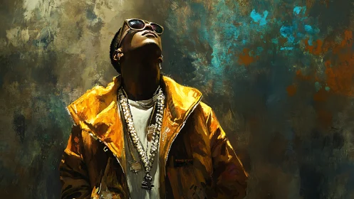 Urban portrait in golden jacket under textured teal sky.