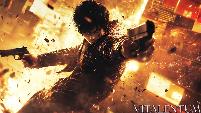 Gun-wielding antihero in explosive urban firefight tableau
