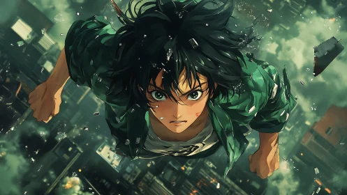 Anime hero flies through shattered cityscape at high speed