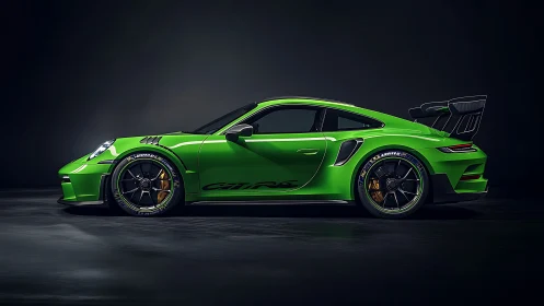 Lime green track car stands poised under dramatic studio light