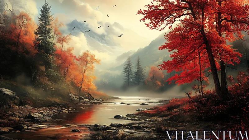 Autumn river valley glows beneath misty snow peaks