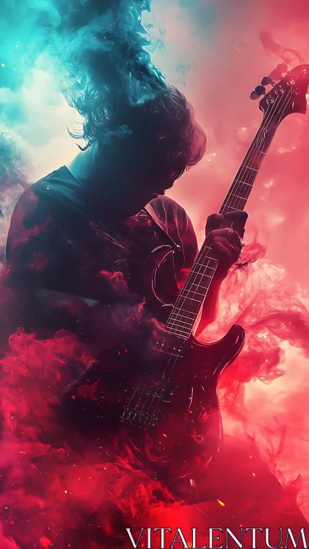 Guitarist wrapped in electric clouds of red and teal light.