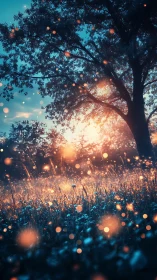 Backlit meadow bokeh field under arboriform silhouette at dusk.