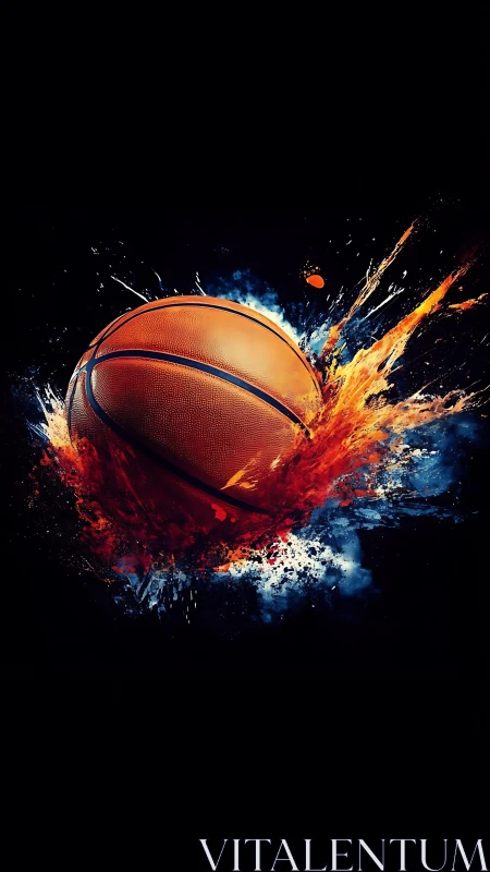 Blazing basketball comet explodes through inky cosmic night.