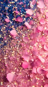 Macro rose petals suspended over multicolored glitter bokeh field