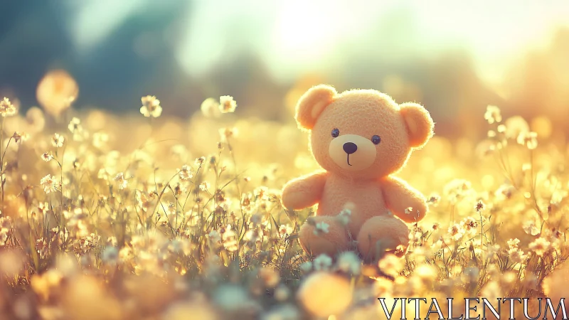 Plush teddy bear in golden bokeh field under sunset glow.